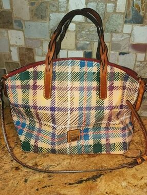 Dooney & Bourke Multicolor Plaid Satchel with Tan Trim